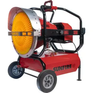 Hero view showcasing the powerful heat from the front of the SunFIre SF160 diesel/kerosene radiant heater that provides more heat than a Val6 heater.
