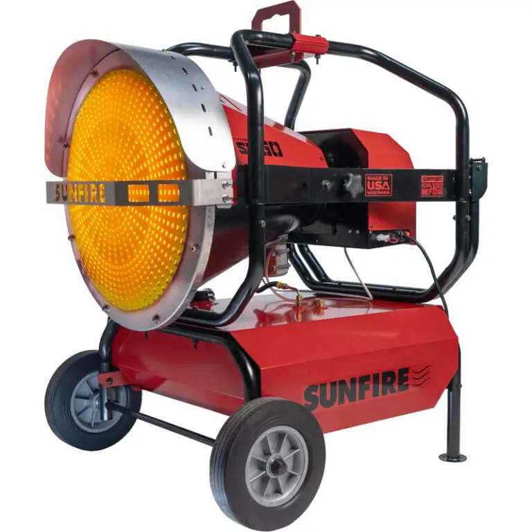 Hero view showcasing the powerful heat from the front of the SunFIre SF160 diesel/kerosene radiant heater that provides more heat than a Val6 heater.